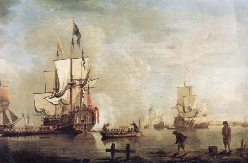 Thomas Mellish The Royal Caroline in a calm estuary flying a Royal standard and surrounded by an attendant barge and other small boats Germany oil painting art